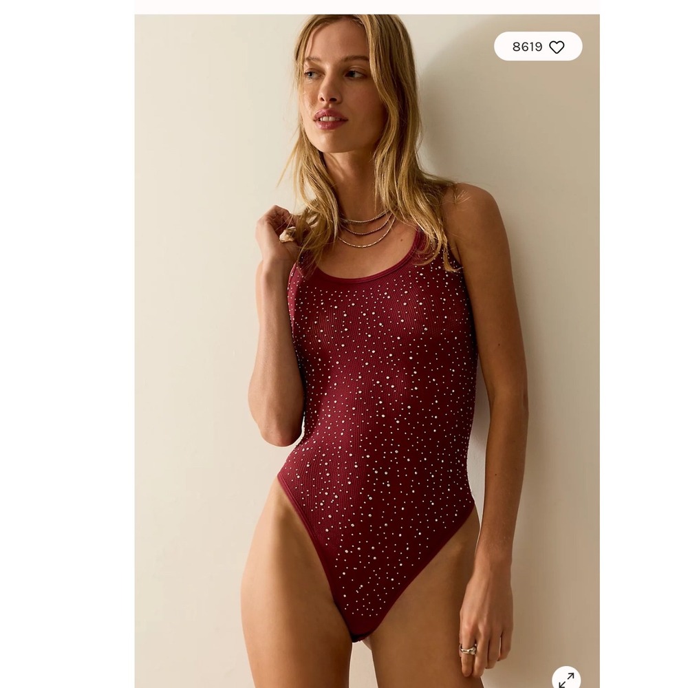 Intimately Free People Rhinestone Bodysuit Berry Red XS/S OB1547447 NWT Romantic